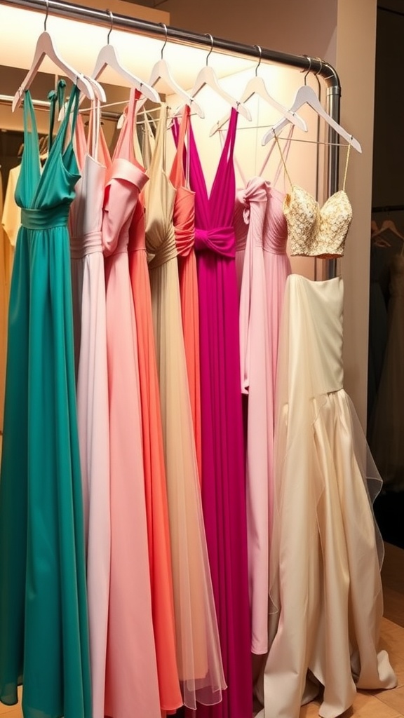 A variety of dinner dress styles displayed on a rack, including A-line and ball gowns in vibrant colors.